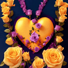 a yellow heart surrounded by yellow roses on a blue background