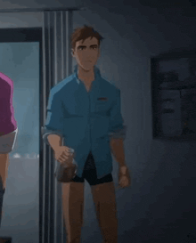 a man in a blue shirt and underwear is standing in a room