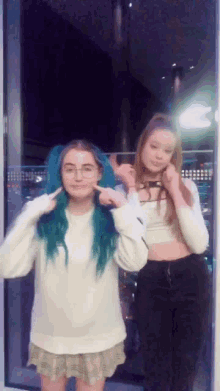 a girl with blue hair stands next to another girl