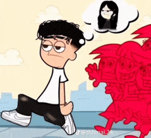 a cartoon of a boy kneeling down with a girl in a thought bubble behind him