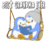 a penguin is reading a book to another penguin on a swing