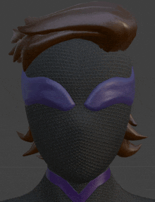 a 3d model of a person 's face with a purple ribbon around the neck