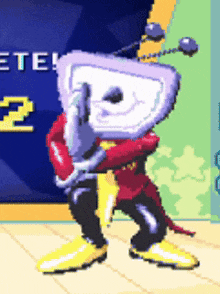 a cartoon character standing in front of a sign that says " delete "
