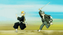 a cartoon of a man holding a sword and another man running