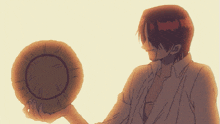a drawing of a man holding a straw hat on his finger