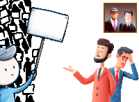 a cartoon drawing of a man holding a sign and a picture of two men