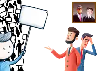 a cartoon drawing of a man holding a sign and a picture of two men