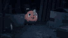 a cartoon character with a chainsaw on his head is in a dark room with boxes