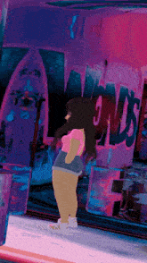 a girl is standing in front of a wall that has graffiti on it that says " ends "
