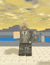 a roblox character wearing a sweater and tie is standing on a white surface