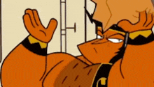 a cartoon character is holding his head with his hands while wearing glasses and a leather belt .