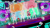 a group of anime girls are dancing on a stage in front of a neon sign that says tetris