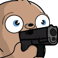 a cartoon sloth holding a gun in its mouth