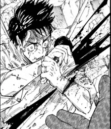 a black and white drawing of a man holding a sword in his hand .