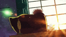 a cartoon drawing of a man sitting in front of a window with the sun shining through the window
