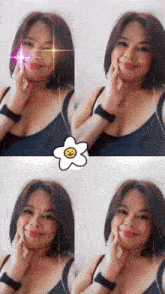 a woman with a smiley face on her face is surrounded by a flower