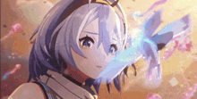 a close up of a girl with purple hair and blue eyes
