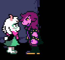 a pixel art of a girl and a sheep hugging each other .