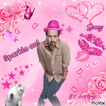 a man in a pink hat stands in front of a pink background with the words sparkle on written on it