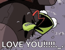 a cartoon character is saying `` love you !!! '' in a cartoon .