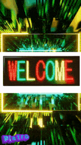 a sign that says welcome on it in red and green