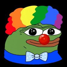 a green frog wearing a clown costume with a red nose and rainbow hair
