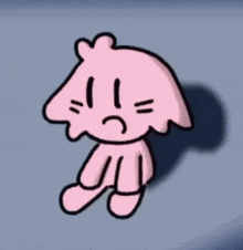 a pink cartoon character with a sad face on a grey background