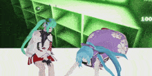 two anime characters are standing next to each other with the number 100 in the corner