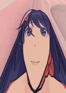 a cartoon girl with long purple hair and a red bow in her hair