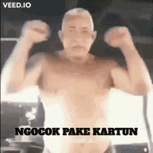 a shirtless man is flexing his muscles in a gym with the words ngocok pake kartun written on the bottom .