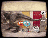 a group of cartoon characters are standing in front of a t-rex and a ghost with the letter c on it