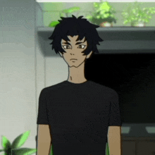 a cartoon character is wearing a black shirt and standing in a room
