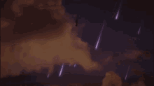 a person is flying through a cloudy sky with shooting stars falling