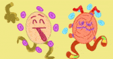 a cartoon drawing of a circle with a tongue sticking out and a red circle with a face on it .