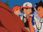 a group of cartoon characters including ash and misty are standing around a man with a stethoscope around his neck