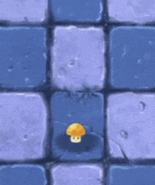 a cartoon drawing of a mushroom on a blue tile floor