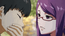 a man and a woman are touching each other 's faces in a cartoon .
