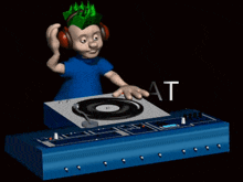 a cartoon character wearing headphones is playing a record on a turntable with the word amat written on it
