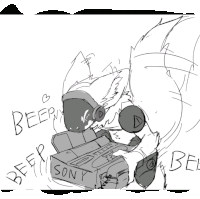 a black and white drawing of a dog with headphones and a box that says sony on it