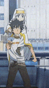 a man is carrying a girl on his shoulders in a cartoon