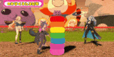 a group of anime characters are standing around a rainbow colored tower