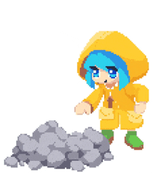a pixel art of a girl wearing a yellow raincoat