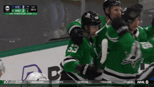 a hockey player with the number 53 on his jersey celebrates with his teammates