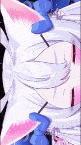 a girl with white hair and pink ears is laying down with her eyes closed