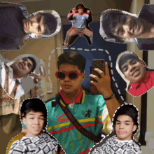 a young man wearing sunglasses takes a selfie in front of a mirror surrounded by other young men