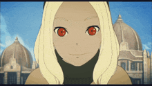 a girl with blonde hair and red eyes is smiling