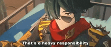 a cartoon character is wearing sunglasses and a scarf and the words `` that 's a heavy responsibility '' .