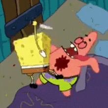 patrick star from spongebob squarepants is laying in a bed with blood coming out of his chest .