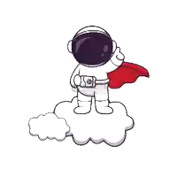 a cartoon drawing of an astronaut with a red cape standing on a cloud