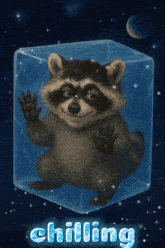 a raccoon in an ice cube with the word chilling written below it